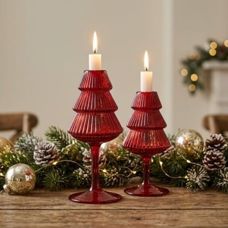 Portacandela Natalizio a Calice "Pino" in Vetro Rosso - EDG Enzo De Gasperi (H 16 cm / 19 cm)