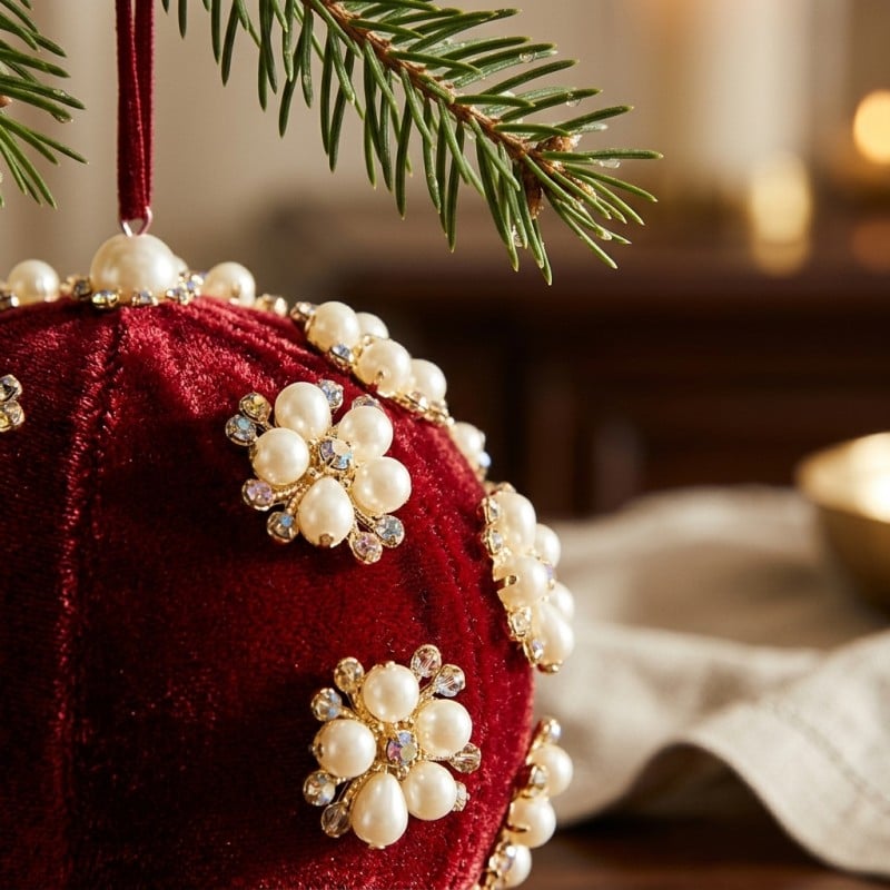 Addobbo per Albero Elizabeth in Velluto Rosso con Perle e Strass