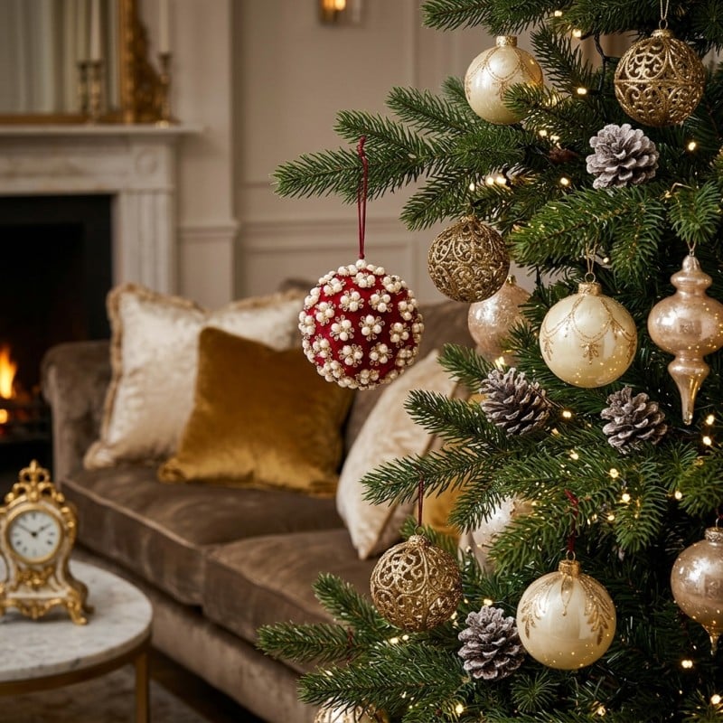 Addobbo per Albero Elizabeth in Velluto Rosso con Perle e Strass