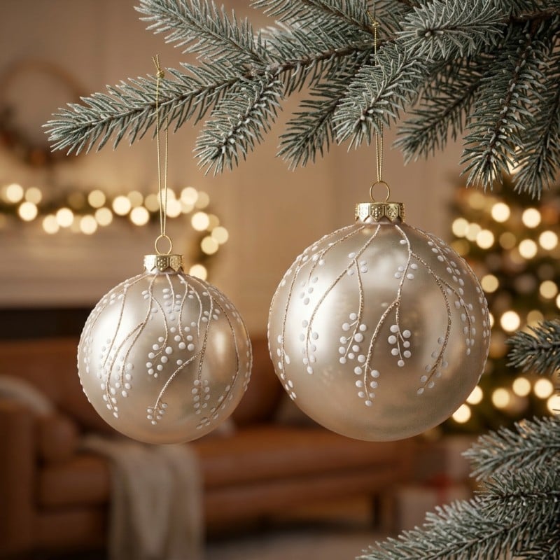 Palla di Natale in vetro champagne con rami decorati - 10 cm o 12 cm