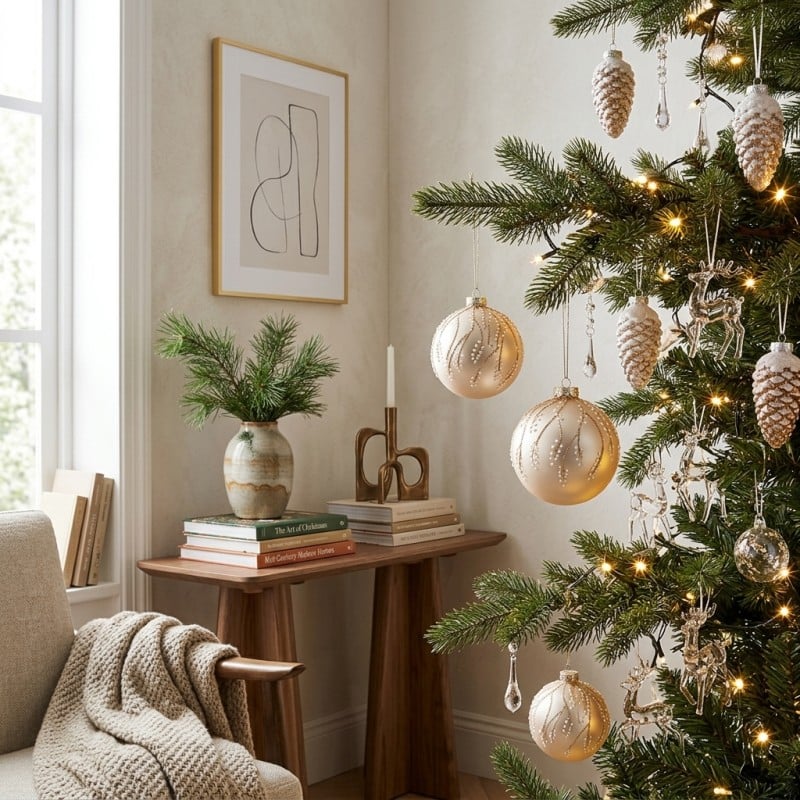 Palla di Natale in vetro champagne con rami decorati - 10 cm o 12 cm