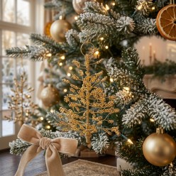 Addobbo Albero di Natale in Metallo Oro con Perline - H 15 cm