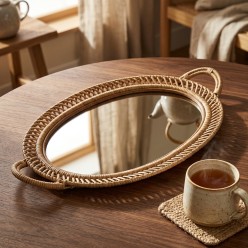 Vassoio Ovale in Rattan e Specchio Hazelnut EDG - Eleganza Naturale