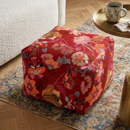 Pouf rosso in Velluto Valencia con Fantasia Floreale | Lemoire Home