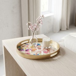 Vassoio in Vetro con decoro floreale con Bordo Oro e Manici