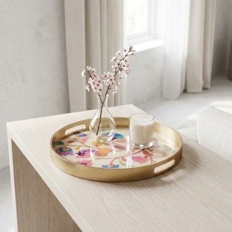 Vassoio in Vetro con decoro floreale con Bordo Oro e Manici
