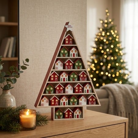 Calendario dell'Avvento in Legno ad alberello con Casette natalizie