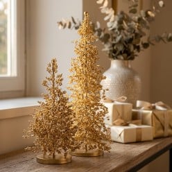 Alberelli Natalizi Decorativi in Metallo Dorato con Perline