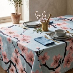Fillide – Tovaglia celeste con fiori di ciliegio rosa in Cotone su Misura