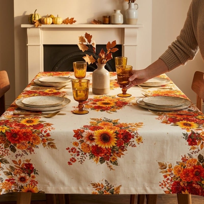 Tovaglia in Cotone Eliadi con fiori di girasole e pattern autunnale