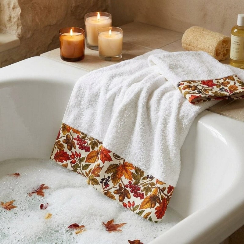 Set Asciugamani Viso e Ospite in Spugna di Cotone Fantasia autunnale Karya - Lemoire Home