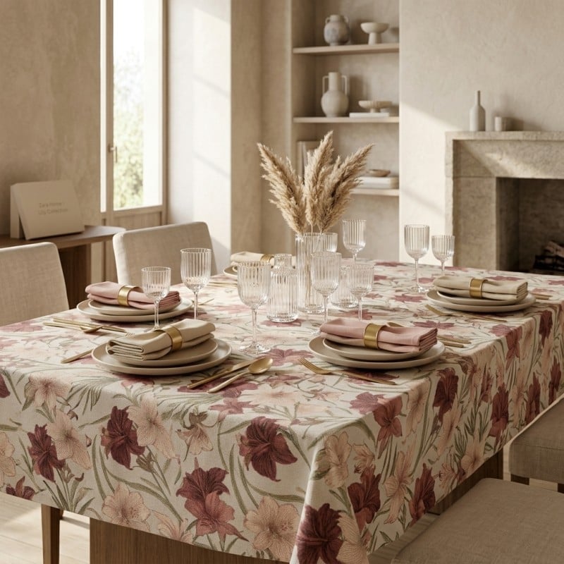Tovaglia in Puro Cotone Panama con Fiori di Giglio Rodope – Lemoire Home