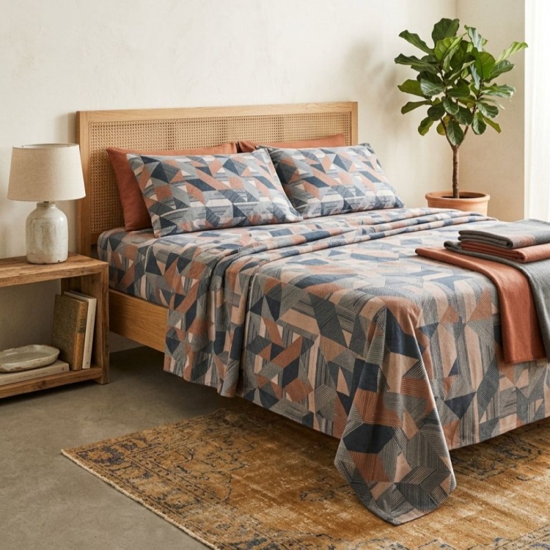 Completo Letto Matrimoniale in Caldo Cotone Flanella Geometrico Cadmo | Lemoire Home
