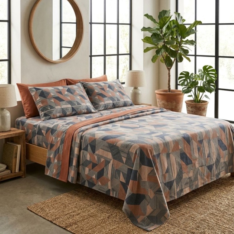 Completo Letto Matrimoniale in Caldo Cotone Flanella Geometrico Cadmo | Lemoire Home