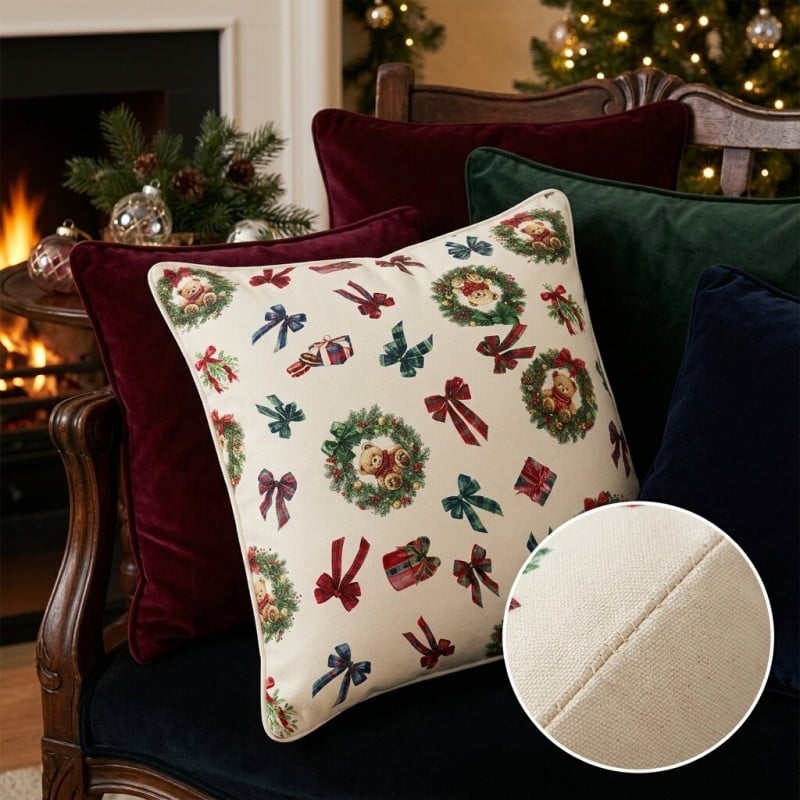 Cuscino D'Arredo Natalizio con orsetti in Cotone Teddy Bear 45x45 Lemoire Home