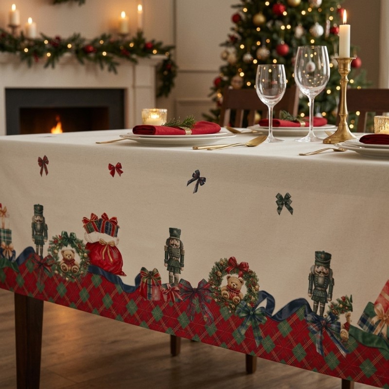 Tovaglia Natalizia con bordo tartan di schiaccianoci e carillon -