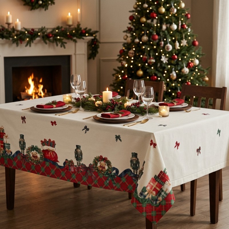 Tovaglia Natalizia con bordo tartan di schiaccianoci e carillon -