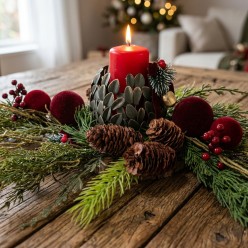 Centrotavola per la Tavola di Natale con Candela e Decorazioni Rustiche