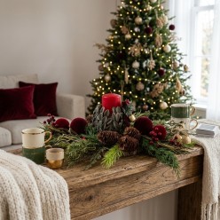 Centrotavola per la Tavola di Natale con Candela e Decorazioni Rustiche