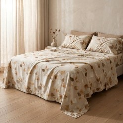 Completo Letto Matrimoniale in Cotone Madapolam con Stampa a Foglie | Collezione Criseide