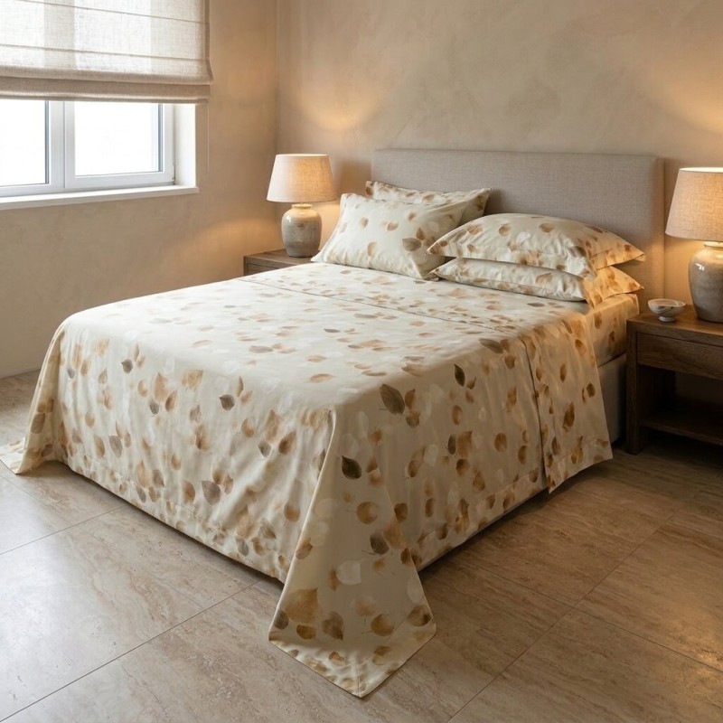 Completo Letto Matrimoniale in Cotone Madapolam con Stampa a Foglie | Collezione Criseide