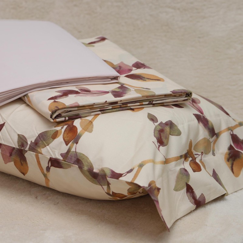 Lenzuola con foglioline eleganti con sfumature di rosa e beige Made in Italy Lenzuola con foglioline eleganti con sfumature di rosa e beige Made in Italy