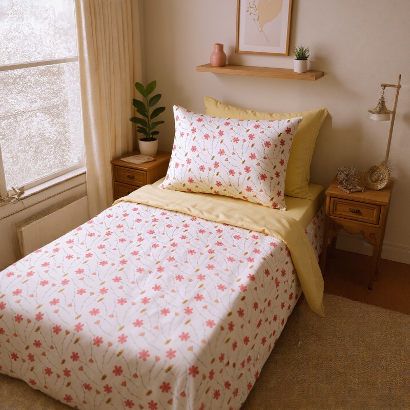 Lenzuola per cameretta baby Era: Un Abbraccio di Fiori rosa con lenzuolo di sotto giallo Lenzuola per cameretta baby Era: Un Abbraccio di Fiori rosa con lenzuolo di sotto giallo