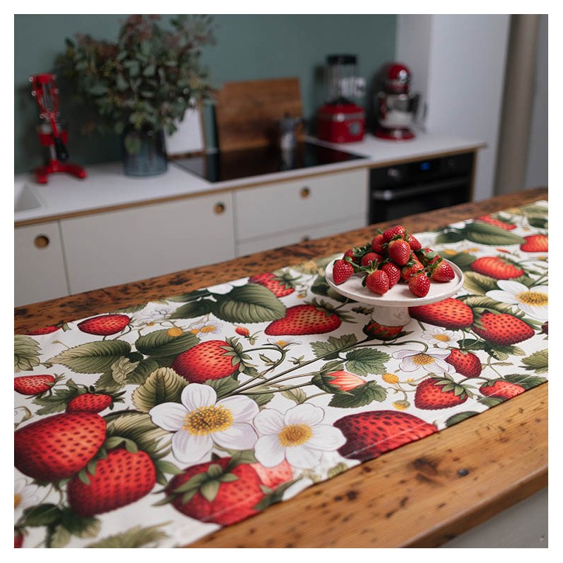 Runner con fragoline e fiori - idrorepellente e antimacchia
