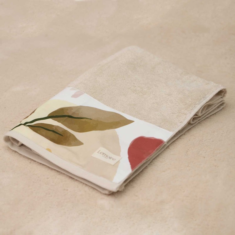 Set asciugamani e teli da bagno beige in cotone 100%, con banda decorativa in stoffa