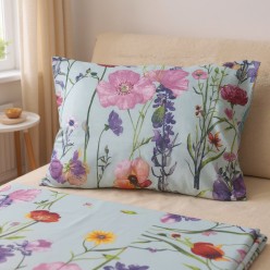 Completo letto matrimoniale linea Egea - giardino fiorito nei toni del blu, lilla e giallo