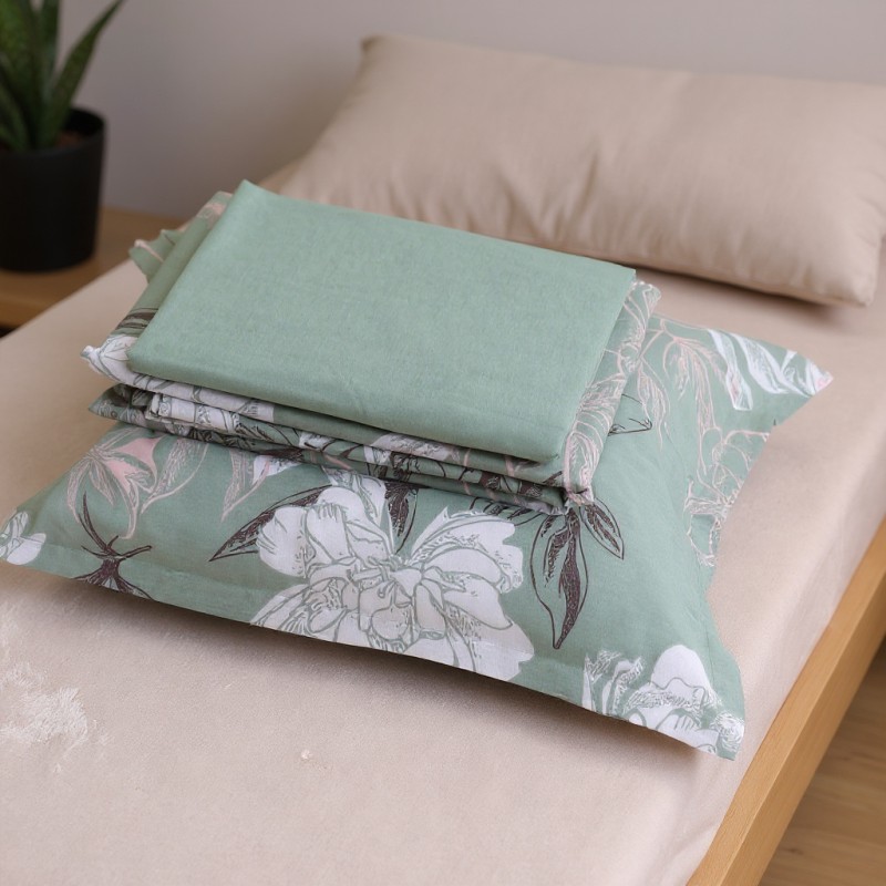 Lenzuola matrimoniali con fiori e foglie stilizzate verde salvia - collezione Eraclito