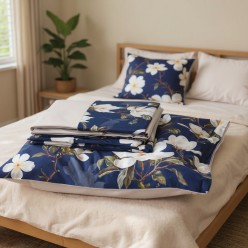 Completo letto in raso di cotone Made in Italy ispirato alle Magnolie