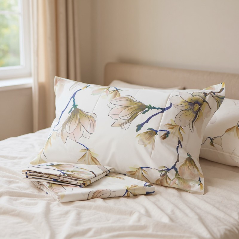 Completo letto matrimoniale dal design floreale bianco con sfumature beige linea Meliadi