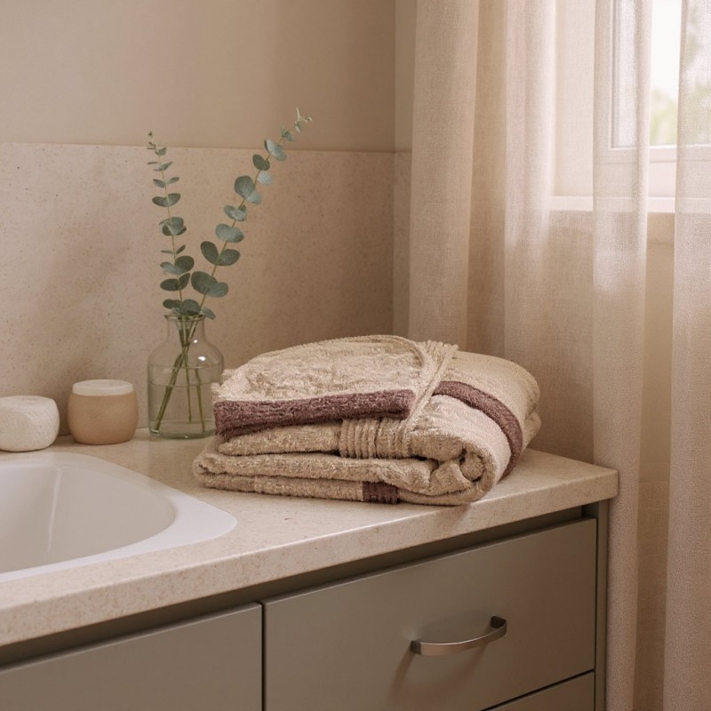 Accappatoio beige con bordo marrone 100% cotone Collezione Nereidi
