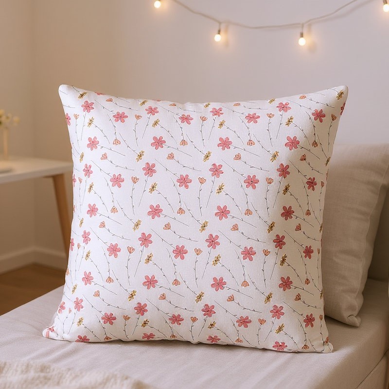Cuscino decorativo per cameretta con fiorellini rosa , 50x50 cm, sfoderabile, fatto a mano in Italia