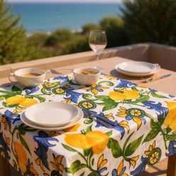 Tovaglia in cotone con limoni siciliani ispirata al mito di Sicilia made in italy