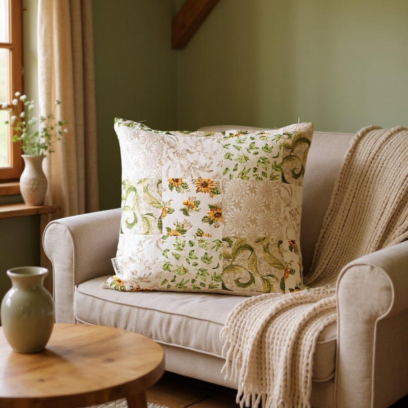 Cuscino Clizia con fiori di girasole incastonati in delicate maioliche lemoirehome tradizionale e rustico