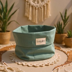 Cestino verde salvia in cotone, ideale per pane e cucina. Collezione Eracle, essenziale e naturale. Coordinati disponibili.