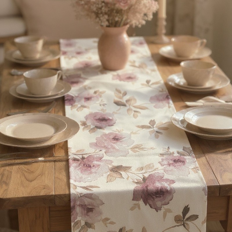 Runner da tavola floreale collezione Andromaca in rosa immagine allestita