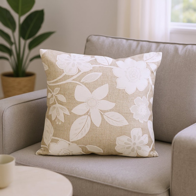 Set runner e cuscini collezione Igea fiori panna su fondo beige Set runner e cuscini collezione Igea fiori panna su fondo beige