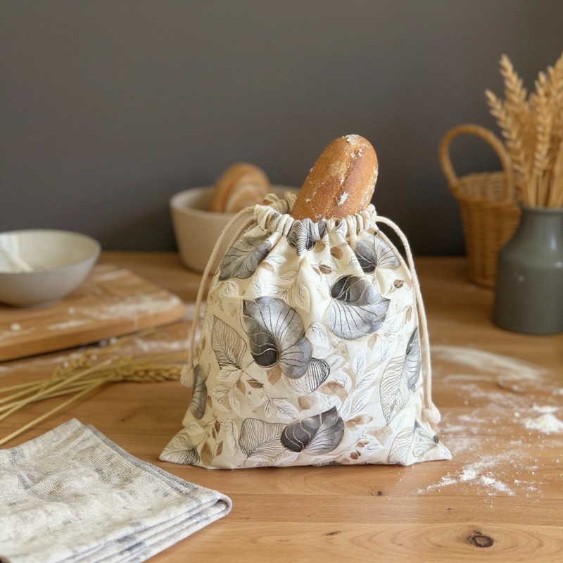 Dioniso Sacco Portapane con Foglie Grigie e Dettagli Dorati