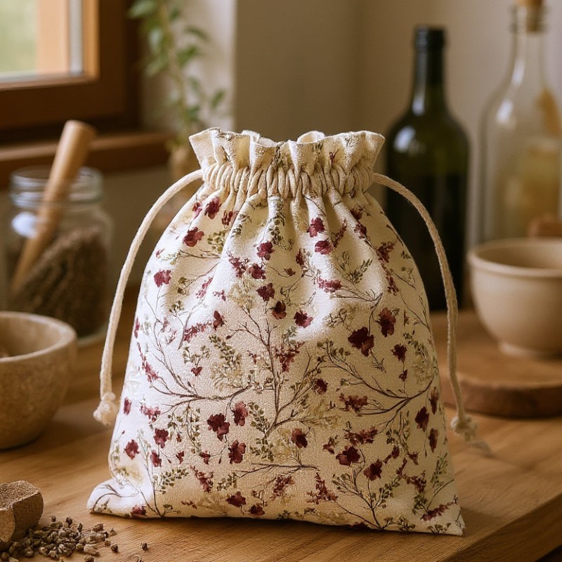 Sacco portapane Leira in cotone panama naturale con fiorellini bordeaux piccoli | Made in Italy