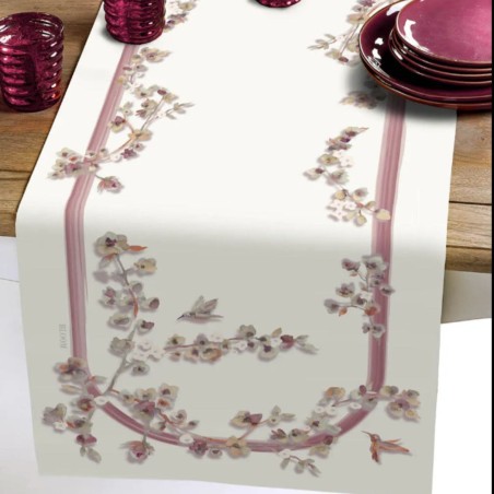 Elegante runner da tavola bianco e malva collezione Leda