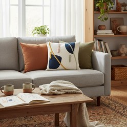 Cuscino in cotone con ricami in blu e applicazioni astratte – L'OCA NERA per Lemoire Home