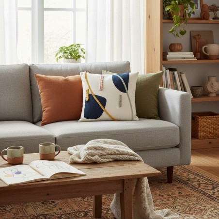 Cuscino in cotone con ricami in blu e applicazioni astratte – L'OCA NERA per Lemoire Home