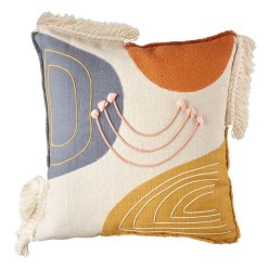 Cuscino in cotone con ricami astratti senape e blu con frange