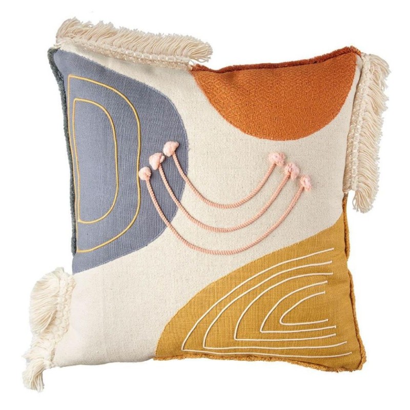 Cuscino decorativo in cotone con applicazioni e ricami astratti senape e blu con frange