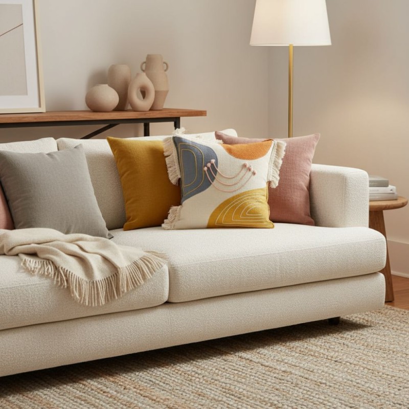 lemoire home con L'oca nera Cuscino in cotone con ricami astratti senape e blu con frange
