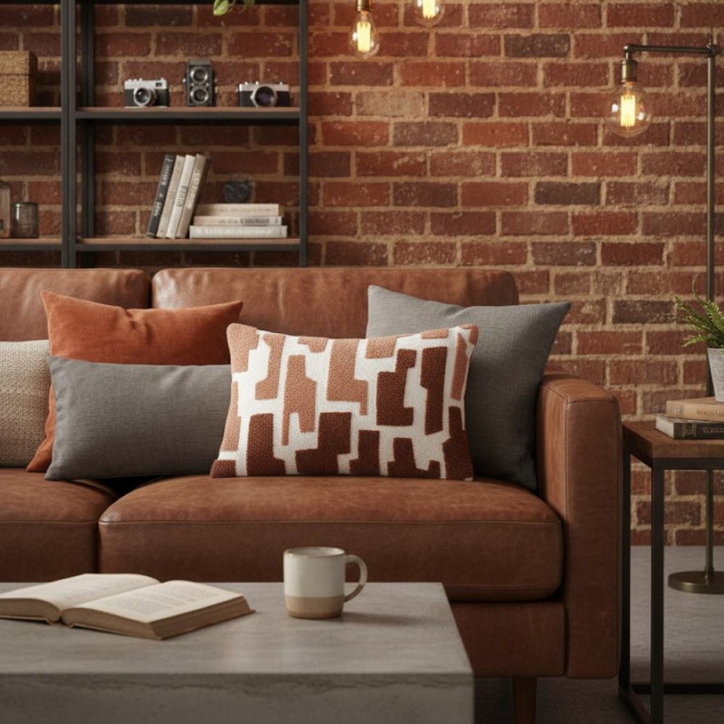 Cuscino rettangolare stile industial in cotone con ricami geometrici
