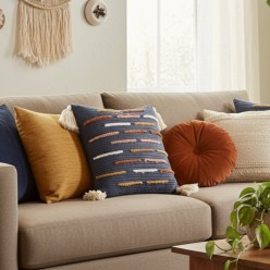 Cuscino geometrico in cotone con dettagli ricamati e texture a rilievo